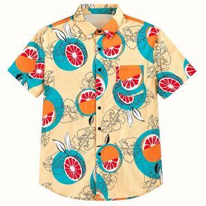 INCERUN Men 2XL Yellow Orange Grapefruit Tropical Short Sleeve Button Up Shirt